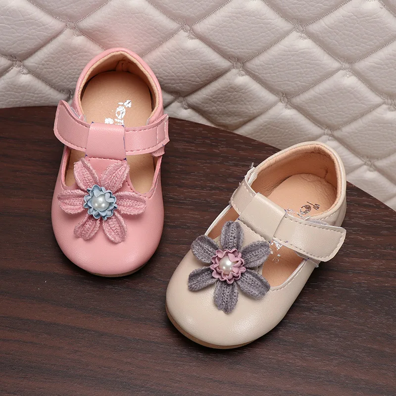 2-6 Years Lovely Princess PU Leather Flower Baby Girls Party Shoes Beige Pink Little Girl