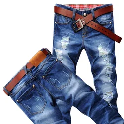 Лидер продаж, мужские высококачественные индивидуальные темно-синие перфорированные повседневные и универсальные прямые джинсы, мужские джинсы