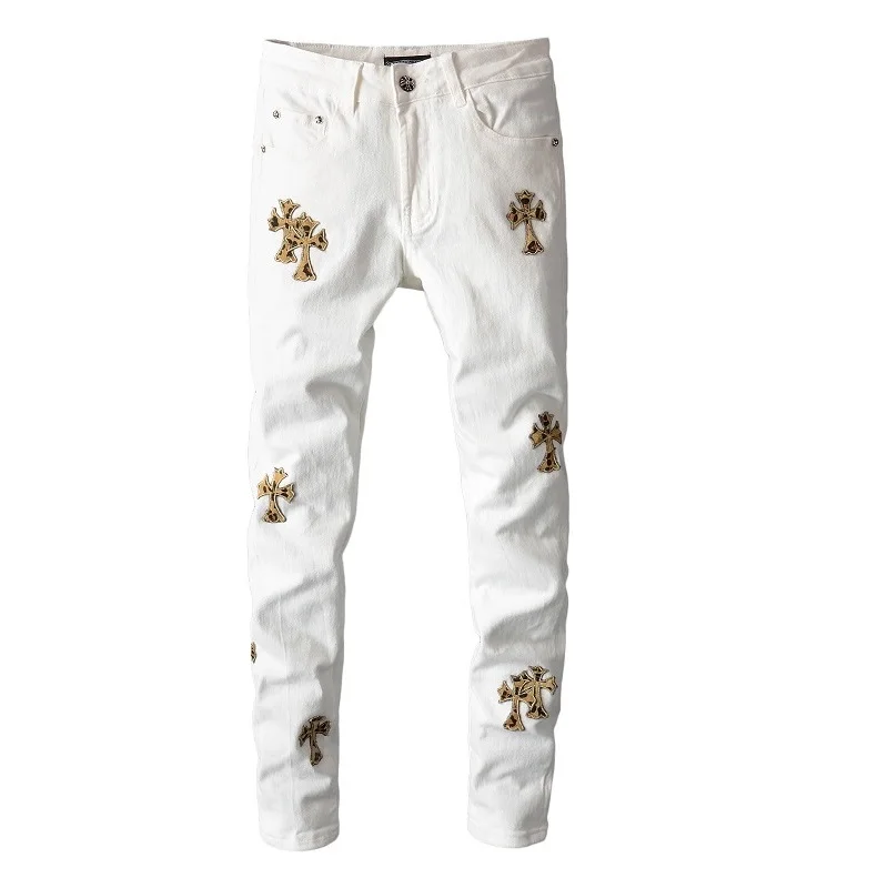 Rts For Dropshipping 724 Custom  golden leopard jens pant print cross white stretch  youth slim pants high street damaged jeans denim men