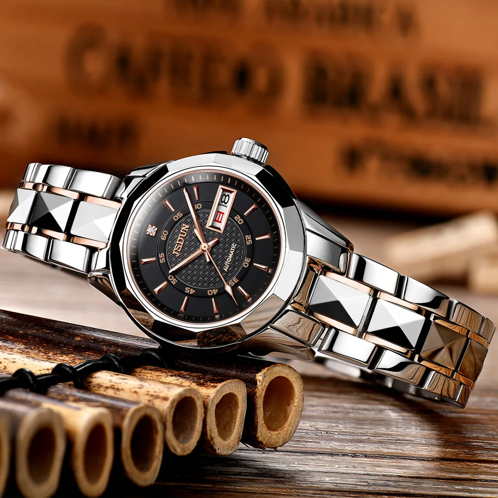 2020 JSDUN OEM Luxury Lady Automatic Stainless Steel Waterproof Auto Date Watches  Mechanical Women Wristwatches