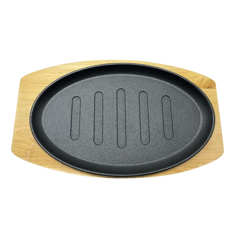 Cast Iron Vegetable Oil Oval Shape Fajita Pan Steak Plate With Removable Handle And Wooden Board