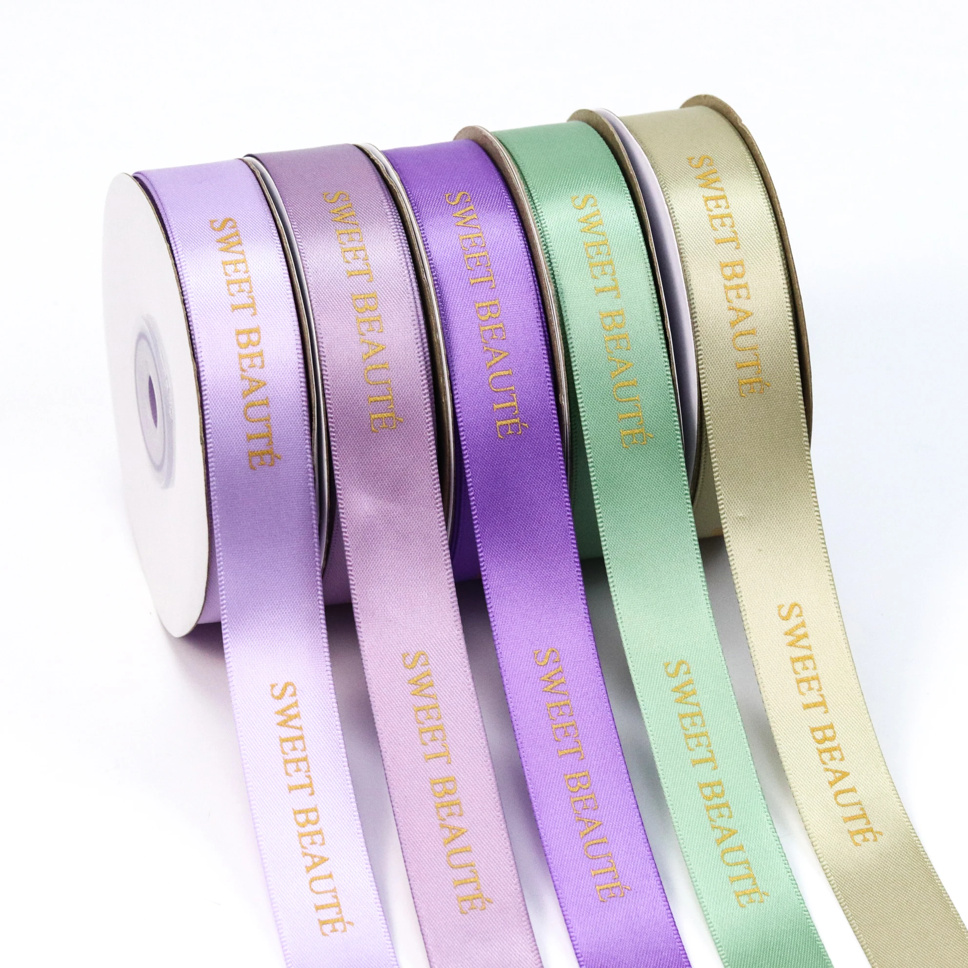 Customized 16mm wide gold ink logo satin ribbon roll for gift wrap