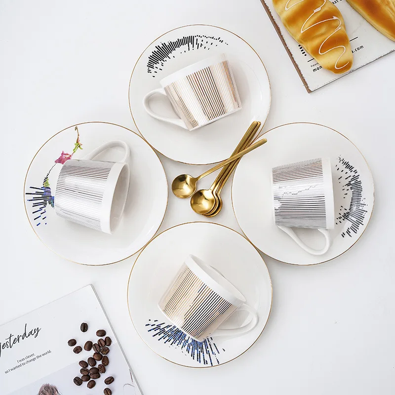 Upgraded moire stripe dynamic mirror Cup mirror reflection coffee ceramic cup and saucer set dish business gift