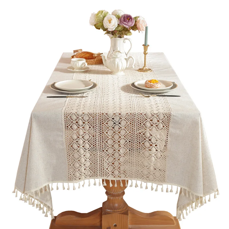 American Pastoral Style Retro Elegant Crochet Hollow Lace Polyester Cotton Wedding Table Cloth Beige White Dining Table Cover