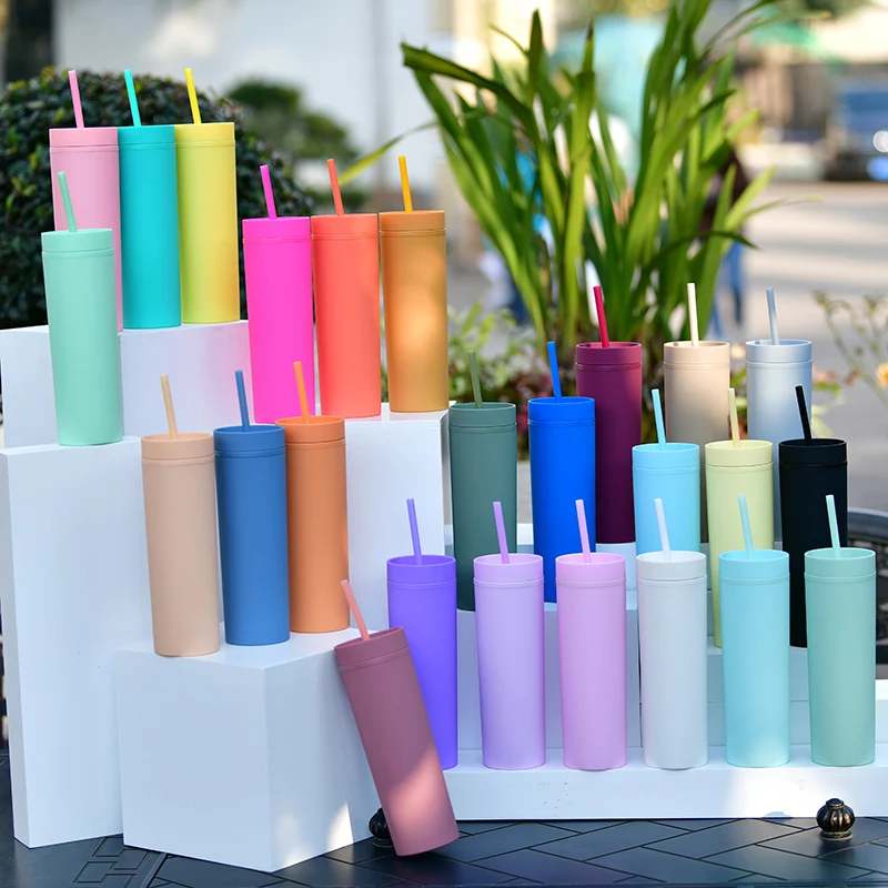 SKINNY Double layered Plastic Cup Customized Simple Rubber Paint Water Cup 16 OZ Sealed Straight Straw Cup