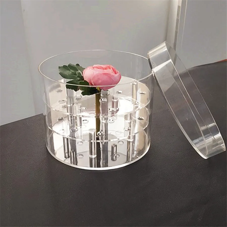 Spring Sign clear acrylic rose flower acryl gift box round wholesale PMMA case with lid