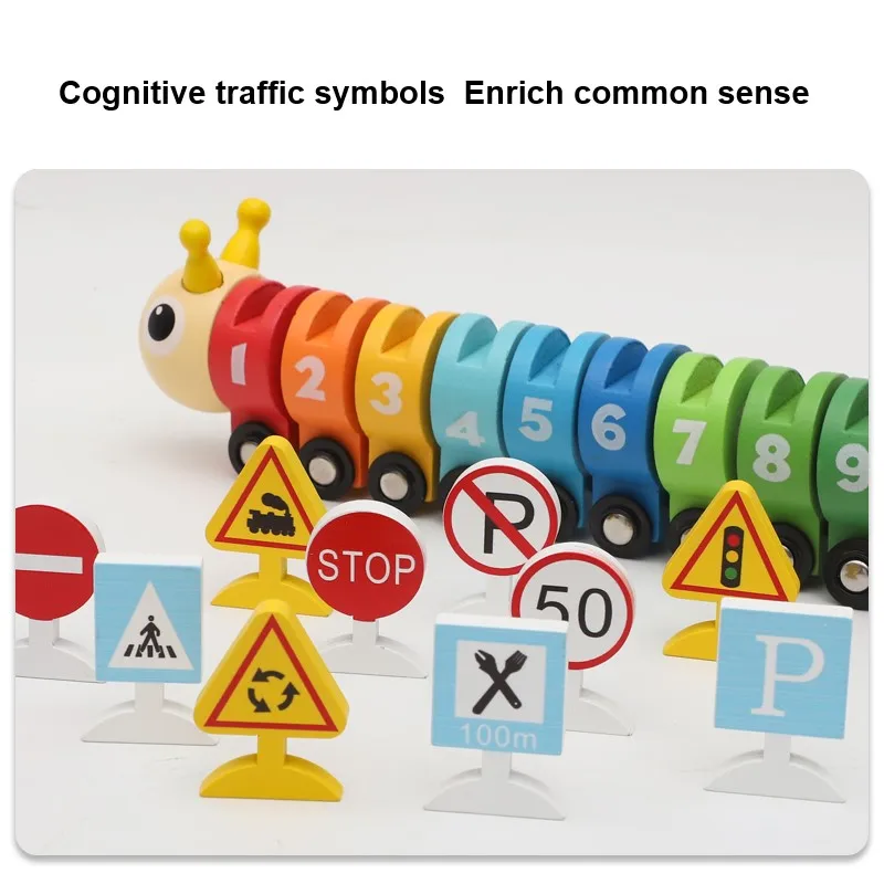 Wooden educational toys for kids wooden Colors numbers traffic signs Splice caterpillar toys train set