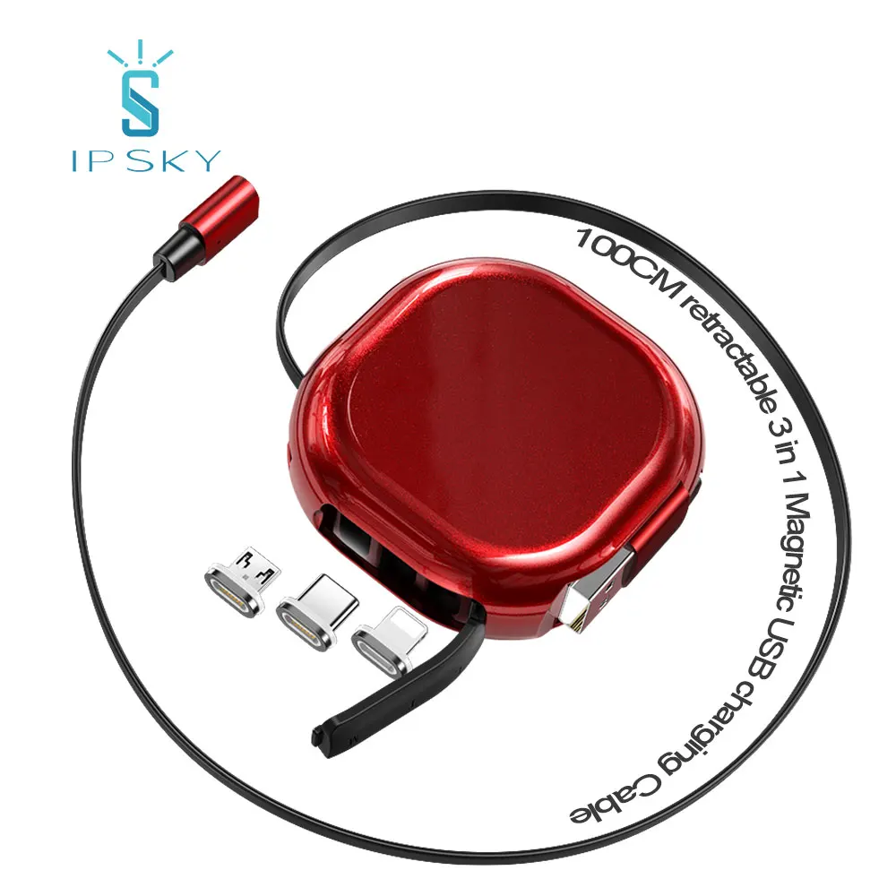 
IPSKY pocket storage case design 1m single side retractable magnetic usb charging cable reel wire 3in1 organizer 