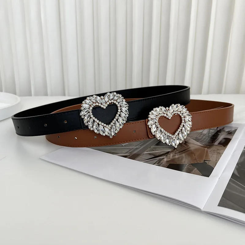 Rhinestone  Belt Bling Heart  Buckle Leather  Belt for Women Ladies Belts for Jeans Pants