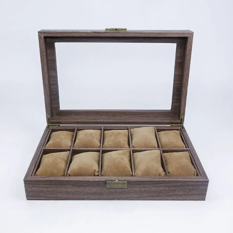 High-Grade Wrap Wooden Texture PU Leather Watch Box With Glass Window 10  Slots Watches Storage Cases