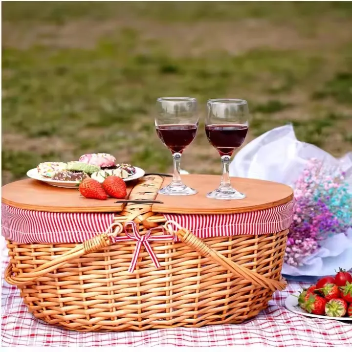 Wholesale Picnic Basket Outdoor Camping Storage Basket Wicker Food Basket With Lining Willow Handle Lid