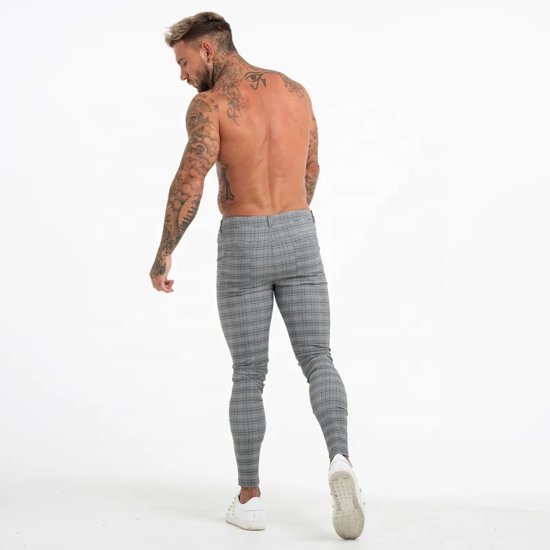 Wholesale New Design Elastic Spandex Casual Tight Ankle Fit Check Grey Mens Trousers Mens Pants