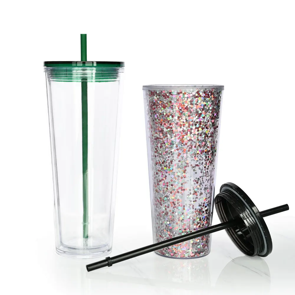 Wholesale double walled wine coffee 22oz 24oz 16oz clear plastic skinny snowglobe tumbler with lids and straws