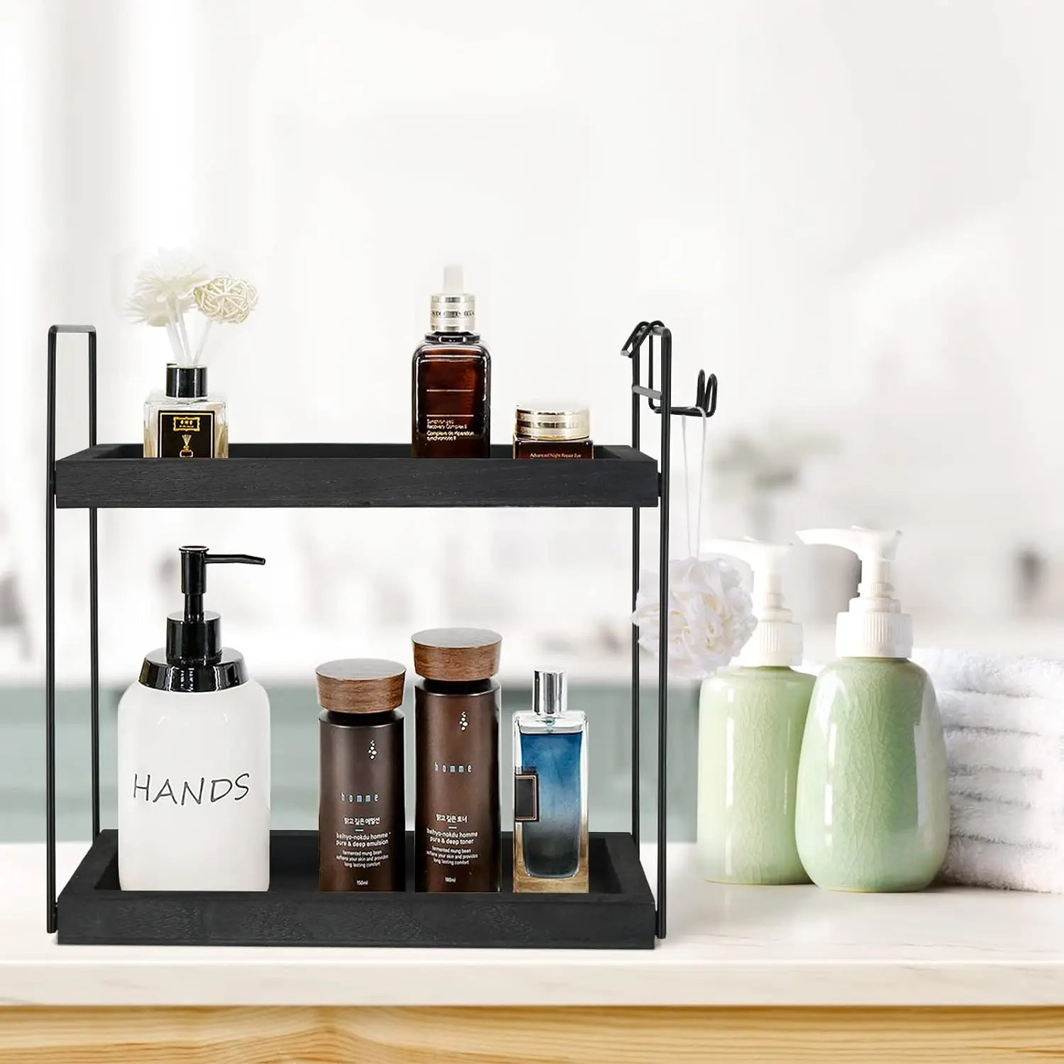 American Style 2-Tier Rustic Wooden Spice Rack Double Tray Kitchen Countertop Organizer Shelf Easy Standing Bathroom Use