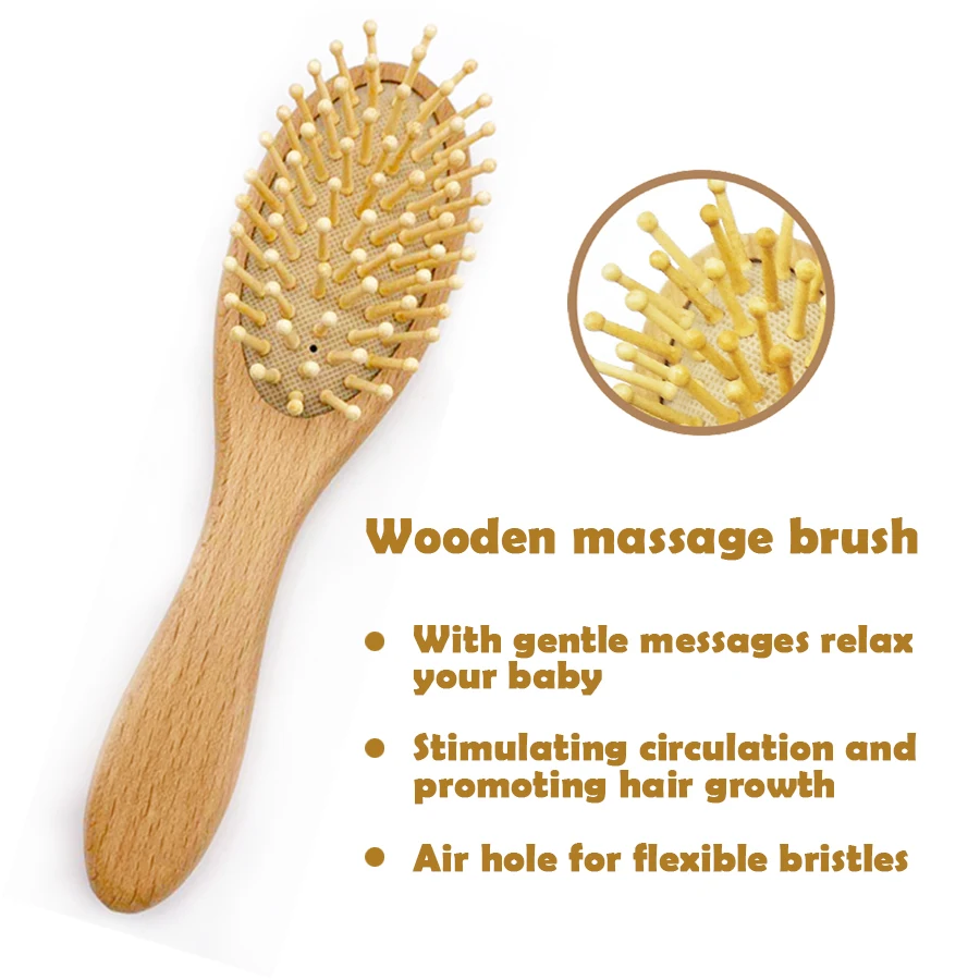 
Goat baby hair brush Bristles newborn brush hair baby wooden hair brush and comb set 