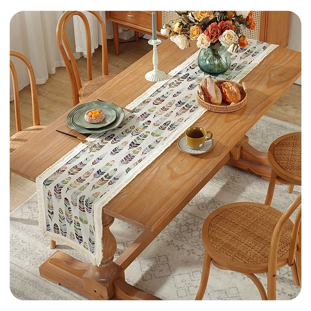 Boho Table Runner Cotton Linen Fabric with Tassel Exquisite Bohemian Design-F Rustic Farmhouse Table Runner