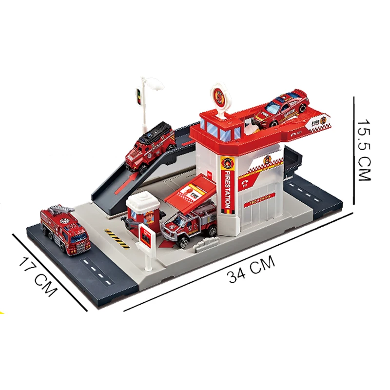 QS Promotional Gift Kids DIY City Theme Model Car Track Set Toy Plastic Fire Truck Series Parking Lot Vehicle Toys For Children