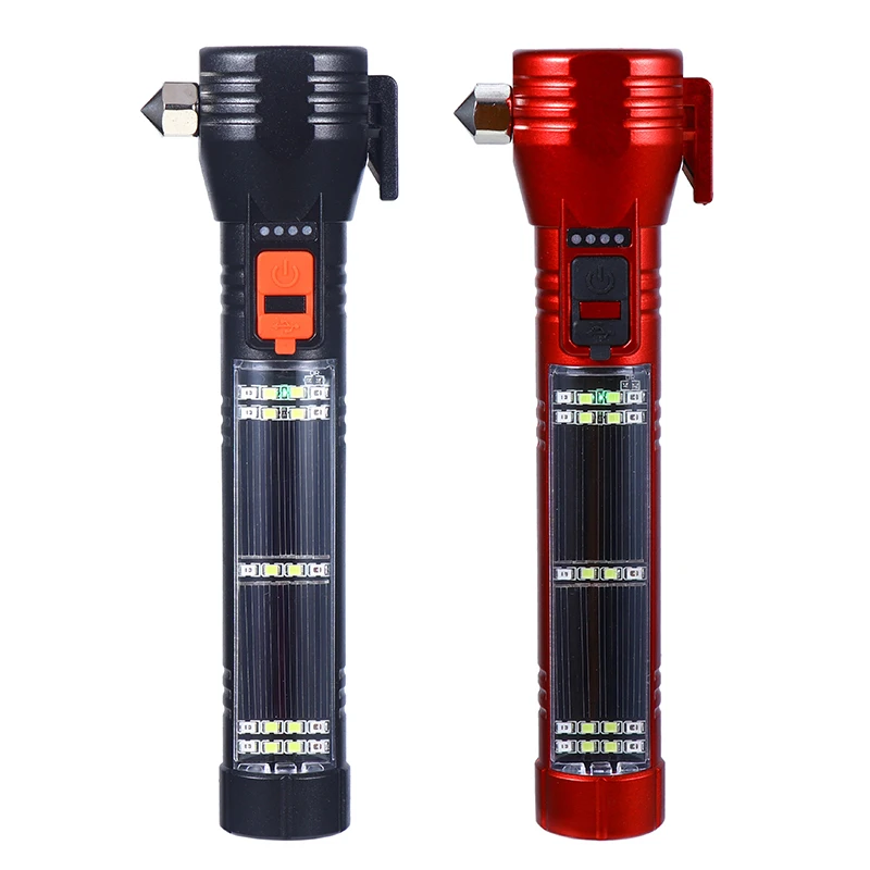 Super bright Car Safety hammer LED + COB sidelight Type C and solar rechargeable compass flashlight