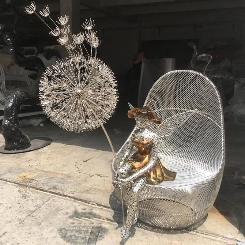 Hot Sale Stainless Steel Garden Decoration Life Size Dancing fairy with Dandelion Sculpture