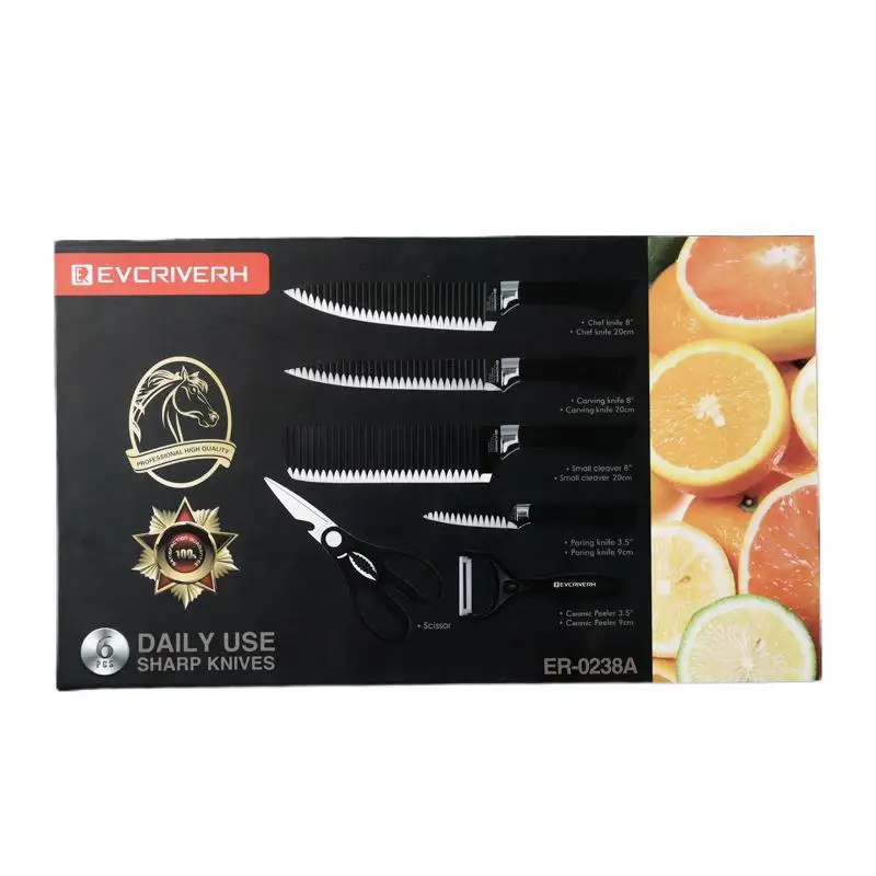 
6pcs kitchen knife set raised grain stainless steel black coating blade with non-stick coating and pp handle black knife set 
