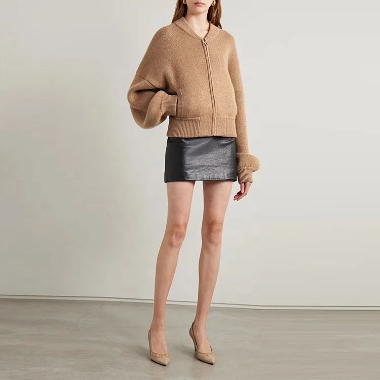 Clothing manufacturer custom autumn winter brown v neck long sleeve zipper women wool cashmere knit sweater