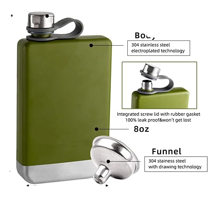 Hip Flask Gift Set Stainless Steel Whiskey Flask for Liquor with Funnel 8 oz Insulated Flask with Never-Lose Leak Proof for