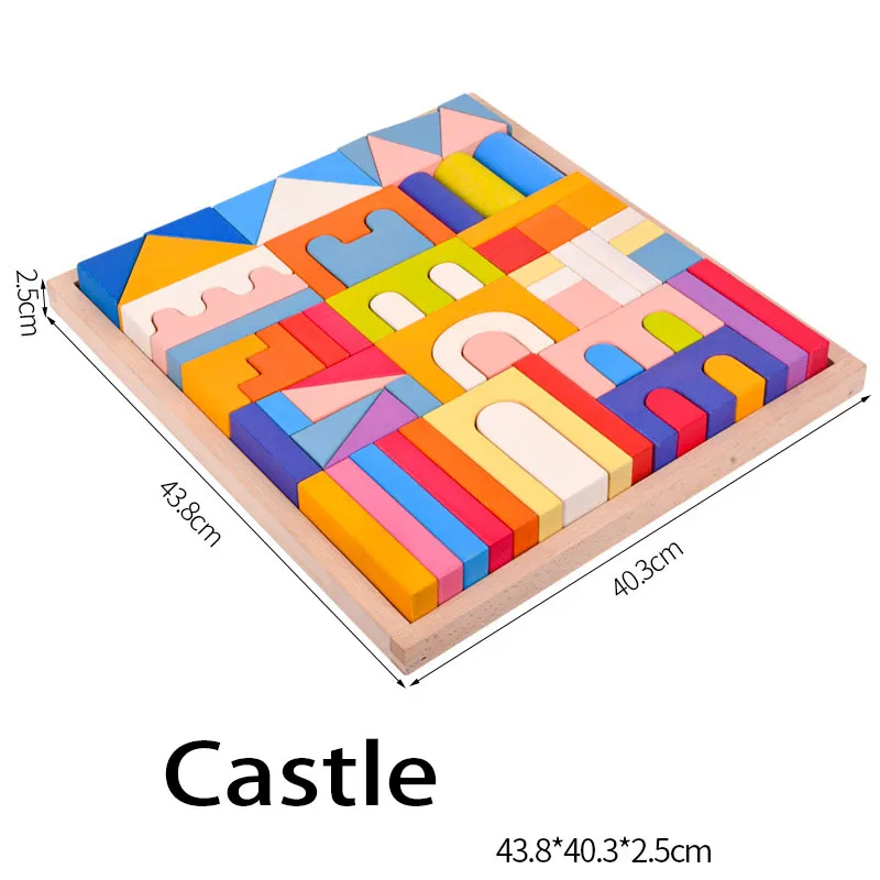 Wooden Building Blocks Set -Large Rainbow Wood Blocks in Colors and Shapes(The Arabian Nights/4 Elements/Castle/Soccer Field)