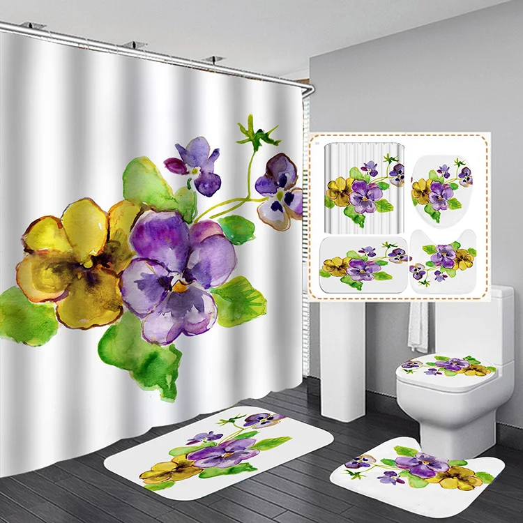 Spring Pink Purple Floral Waterproof Fabric Shower Curtain Set with 3 Bathroom Mats