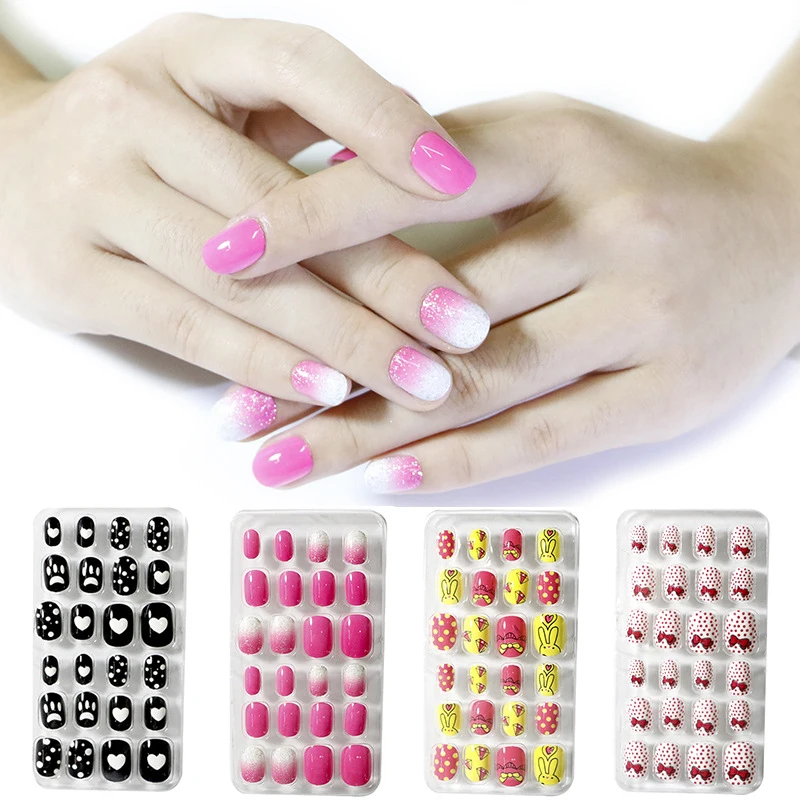 24PCS False Nail Tips Full Cover Cute False Nails Art Girls Acrylic Patterns Kids Children Press On Nails