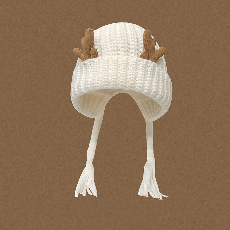 Syh1033 Cute Deer Elk Antlers Winter Warm Plush Knitted Ear Warmer Hat Bonnet  Cap Beanie Christmas Hats