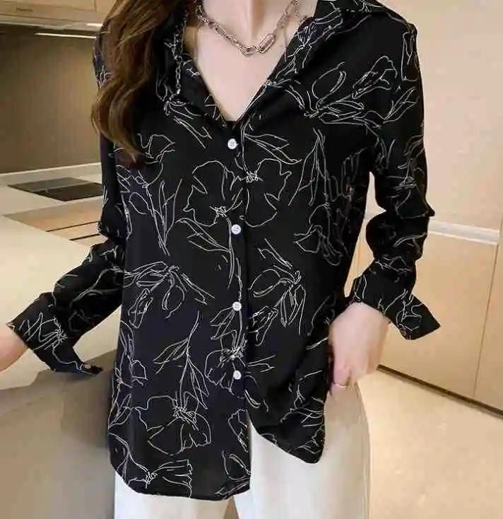 autumn new fashion solid color loose lantern sleeves chiffon shirt female large size long sleeve shirt Han Fan shirt