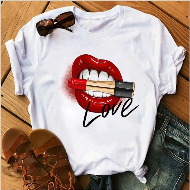 
Wholesale Women Fashion Red Lips Sexy Print T-shirts Tops Oversized Female T Shirt 