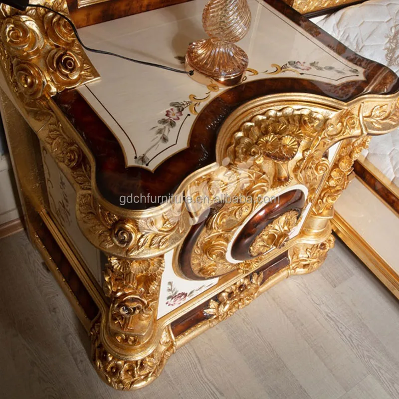 European classical antique bedroom furniture solid wood handmade French luxury royal king size gold foil bed