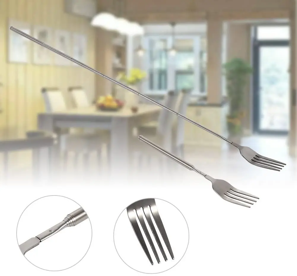 Cutlery-Extends to 25 Inches BBQ Telescopic Extendable Dinner Fork Fruit Dessert Long Handle Fork