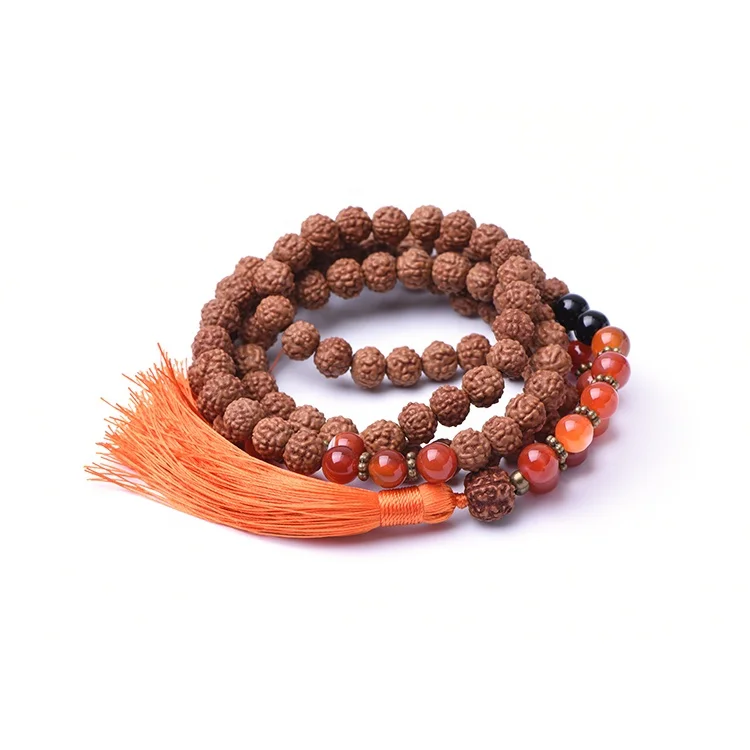 Natural Gemstones Black Onyx And Rudraksha 8mm Bead Mala With Tassel 108 Bead Yoga Necklace