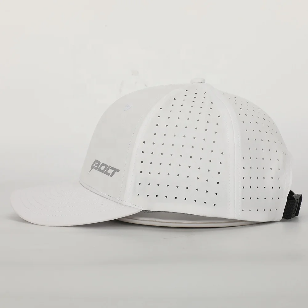 OEM Custom High Quality 6 Panel Reflective Printed Logo Laser Cut Hole Perforated Sport Performance Dad Hat,White Baseball Cap