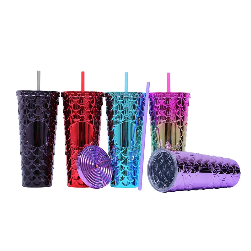 Factory Mermaid Cup Scale Glitter 24oz Mugs Insulated Double Walled Plastic Cups Fish Scales Tumbler With Straw And Lid
