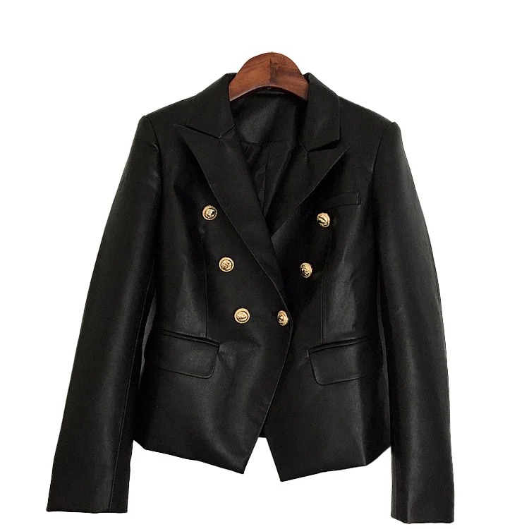 New high-quality synthetic leather lion head metal buckle double-breasted slim suit leather jacket