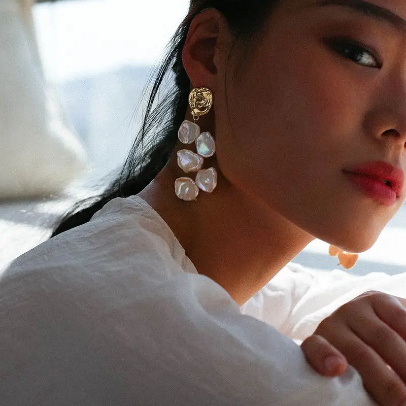 
Luxury brand earring gold plated flower petal Baroque Pearls Earrings for women with 925 silver 