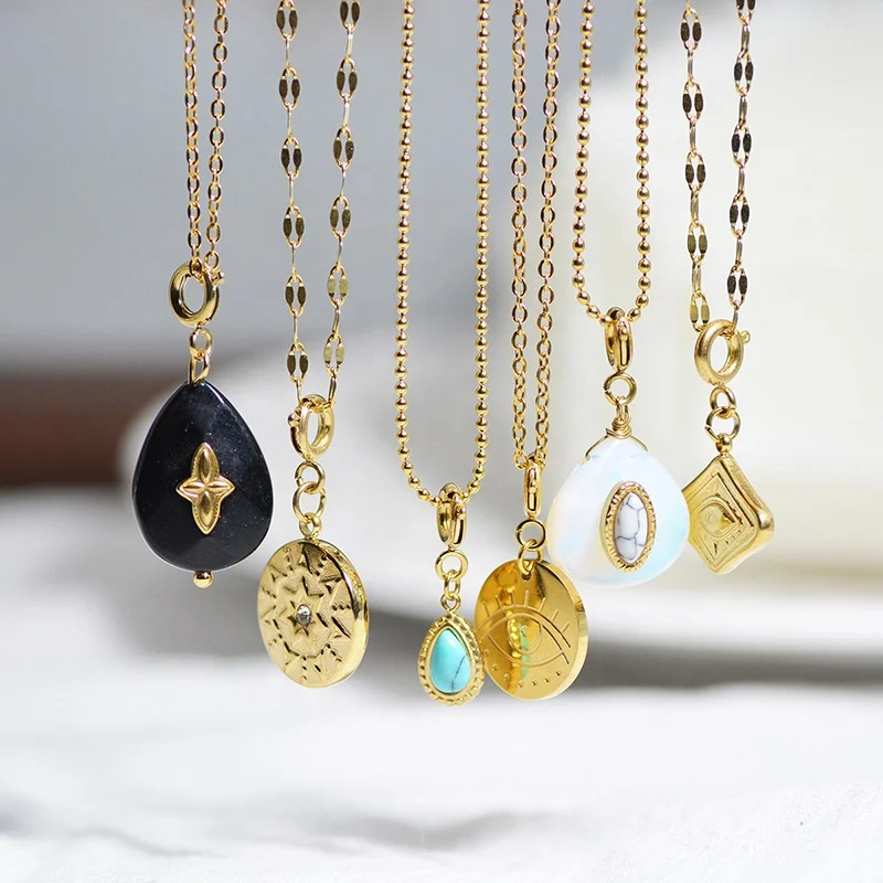 Vintage Jewelry Stainless Steel Gold Plated Bead Cross Chain Custom Necklace Enamel Geometric Natural Stone Pendant Accessories