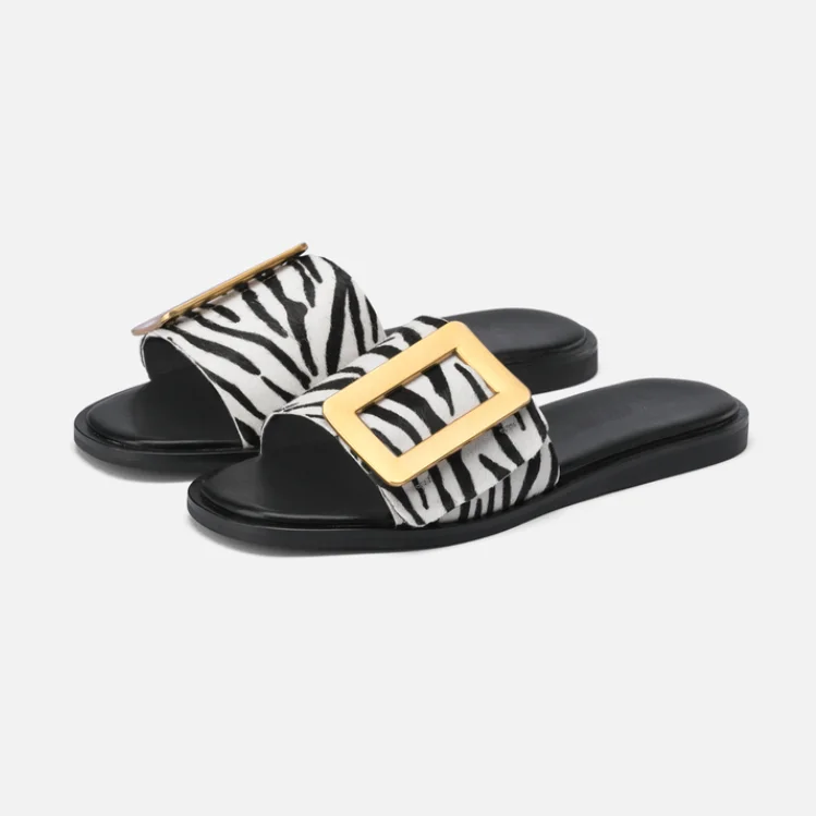 Fashion Gold Buckle Zebra Hair Black Sole Outdoor Flat Slipper for Girls