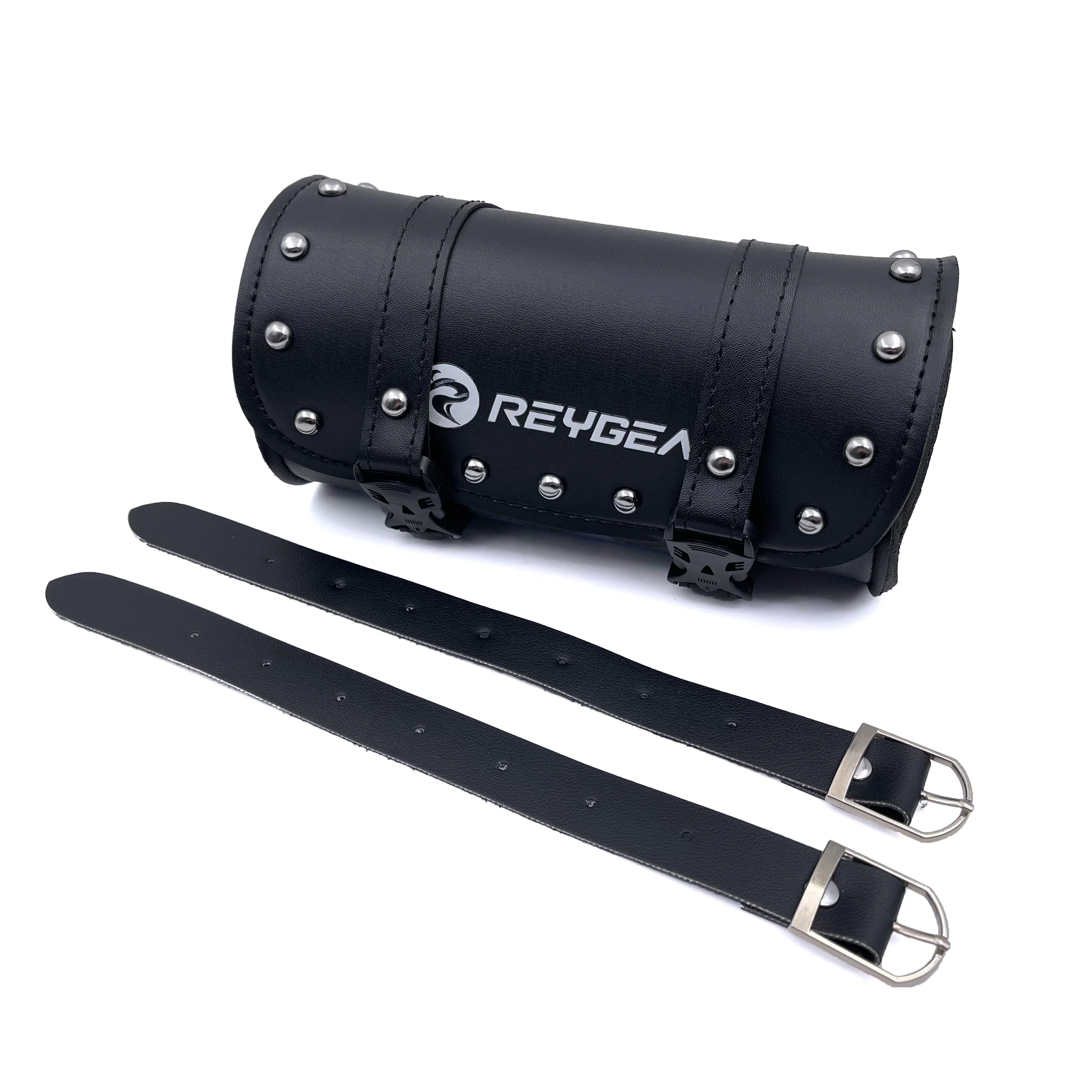 REYGEAK Universal Leather Tool Bag Motorcycle Nail Round Barrel Storage Pouch Handle Bar Bag For Harley Honda