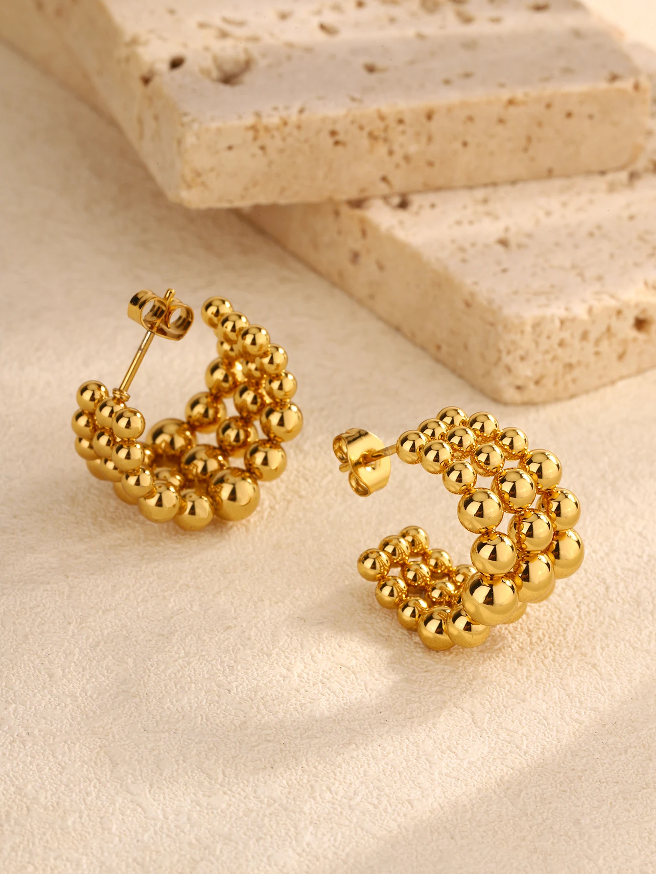 Hot Sales Wholesale C-type Semi-round Three-layer Steel Ball Splicing Stainless Steel Plated Gold Earrings