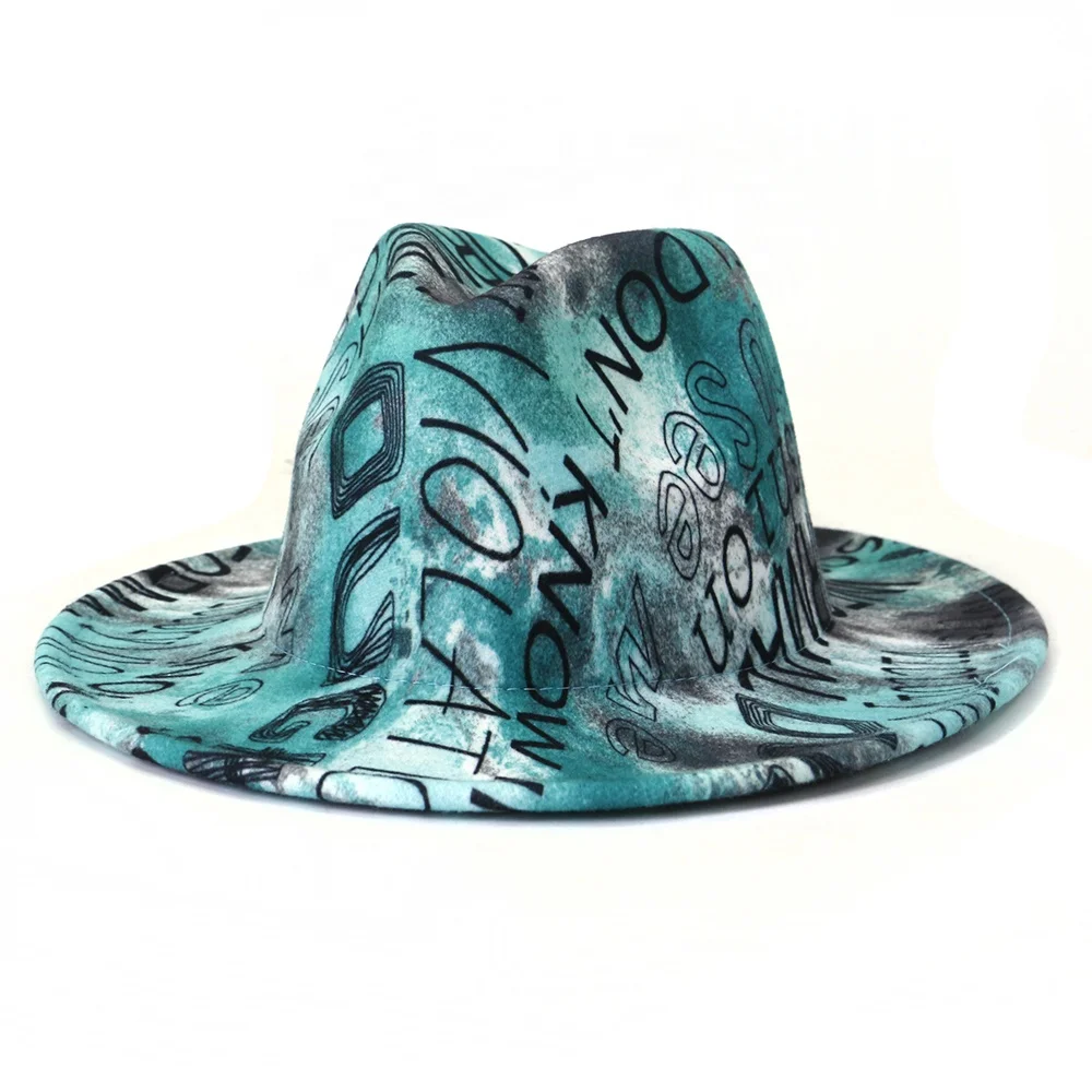 2021 Vintage Wool Jazz Hat Women Wide Brim Hats Ladies Letter Tie-dyeFedora Hats