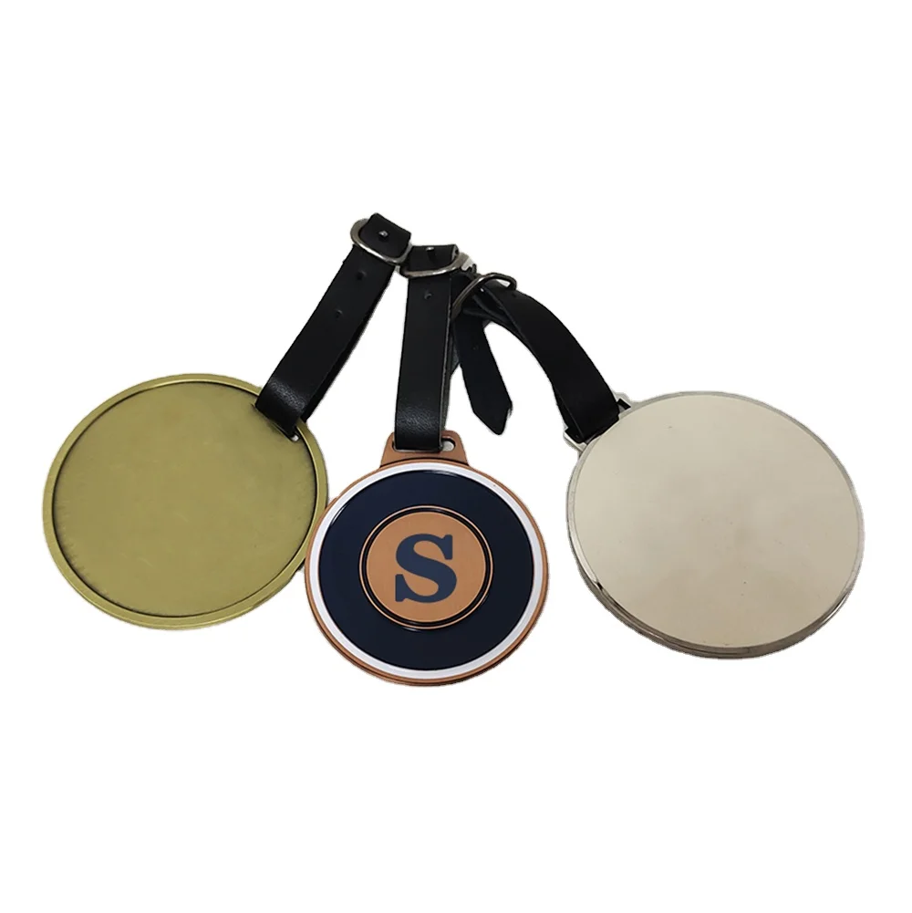 Custom Soft Enamel Round Mental Golf Bag Tags Leather Buckle Name Tags Personalized Logo Imitation Hard Enamel Travel Bag Tags