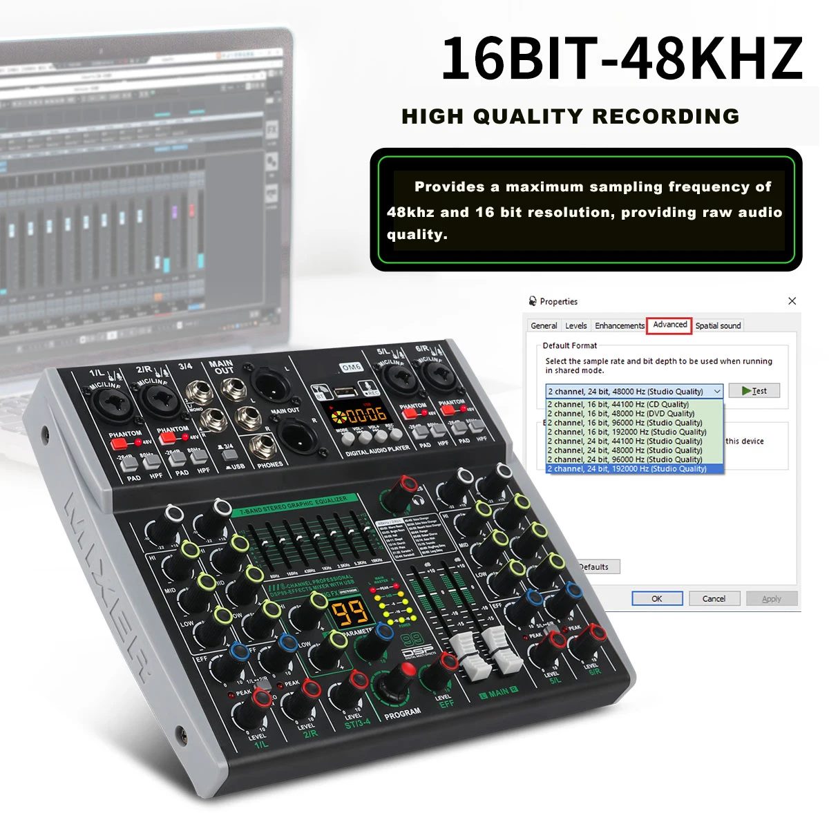 6 Channel DJ Audio Mixer with 99 DSP Reverb effect BT 5.0 USB Mixer USB for karaoke PC recording Microphones