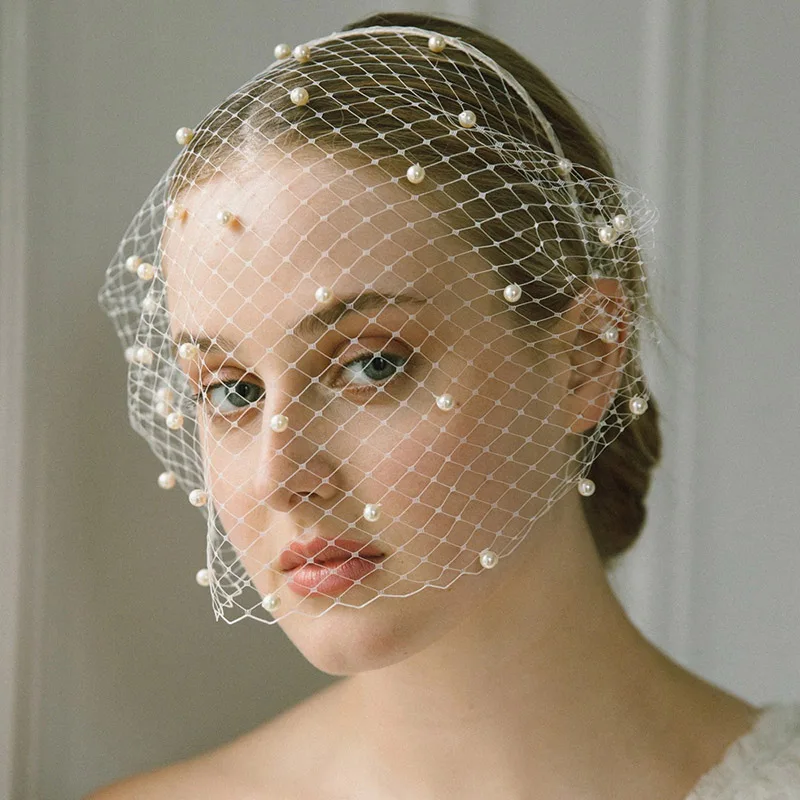 Factory Direct Wholesale Wedding Banquet Pearl Face Veil Beading Decoration Retro Birdcage Headband Mesh Veil For Women