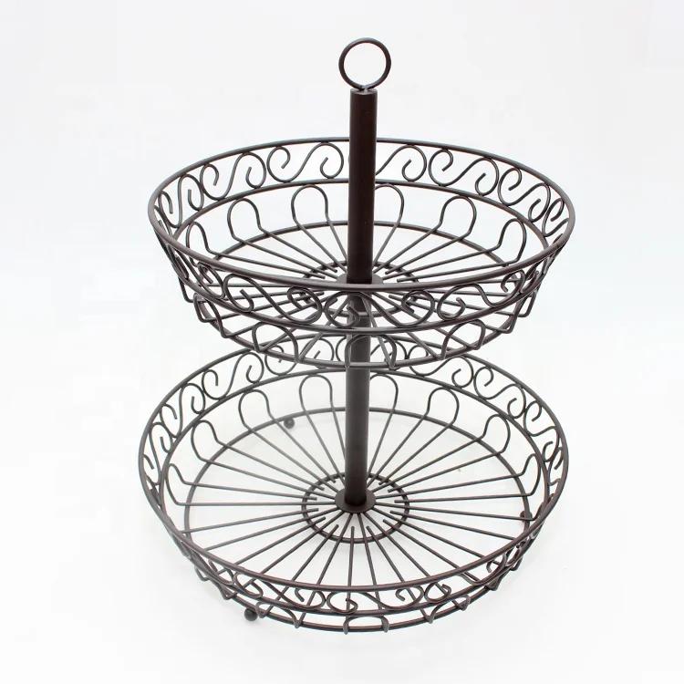 Factory Wholesale Large Discount Black 2 Tier Round Metal Fruit Basket Hanger  fruit basket