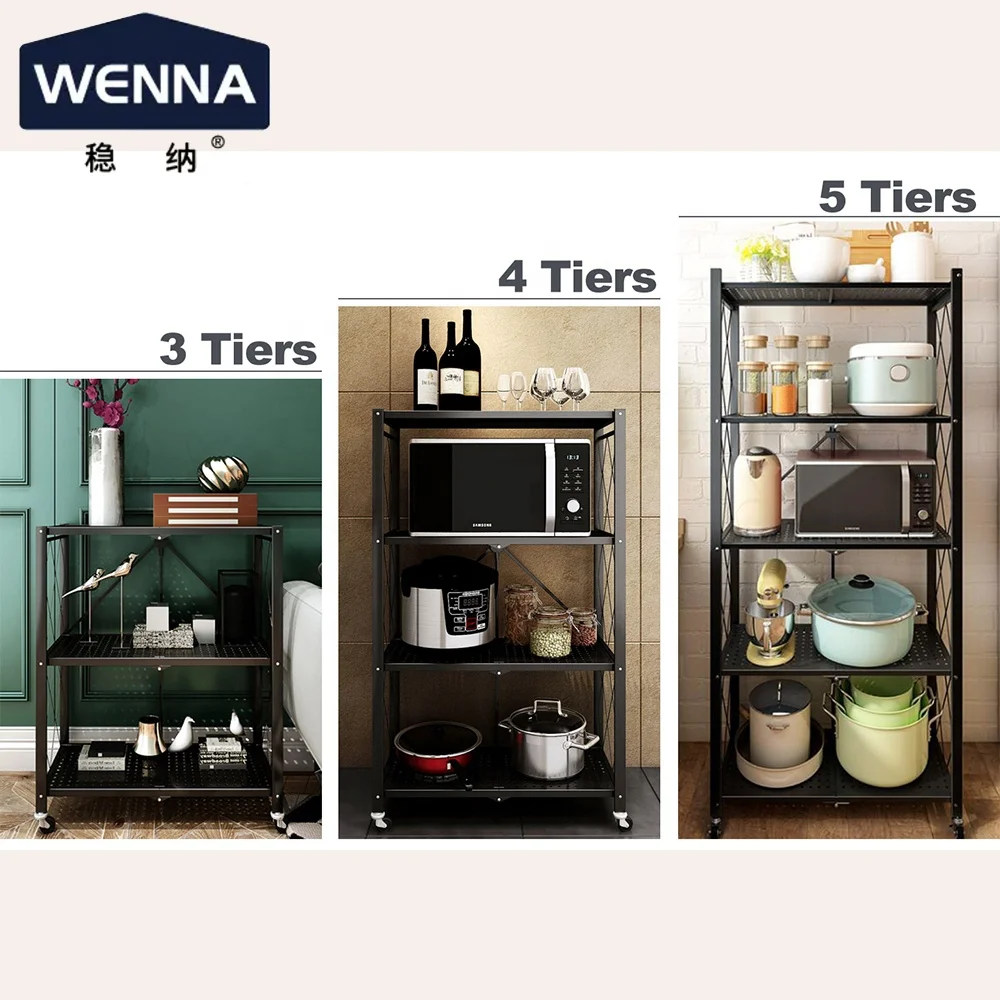 Black Metal Steel Collapsible Shelving Organizer Wire Rack Foldable Kitchen Storage Unit On Caster Wheels