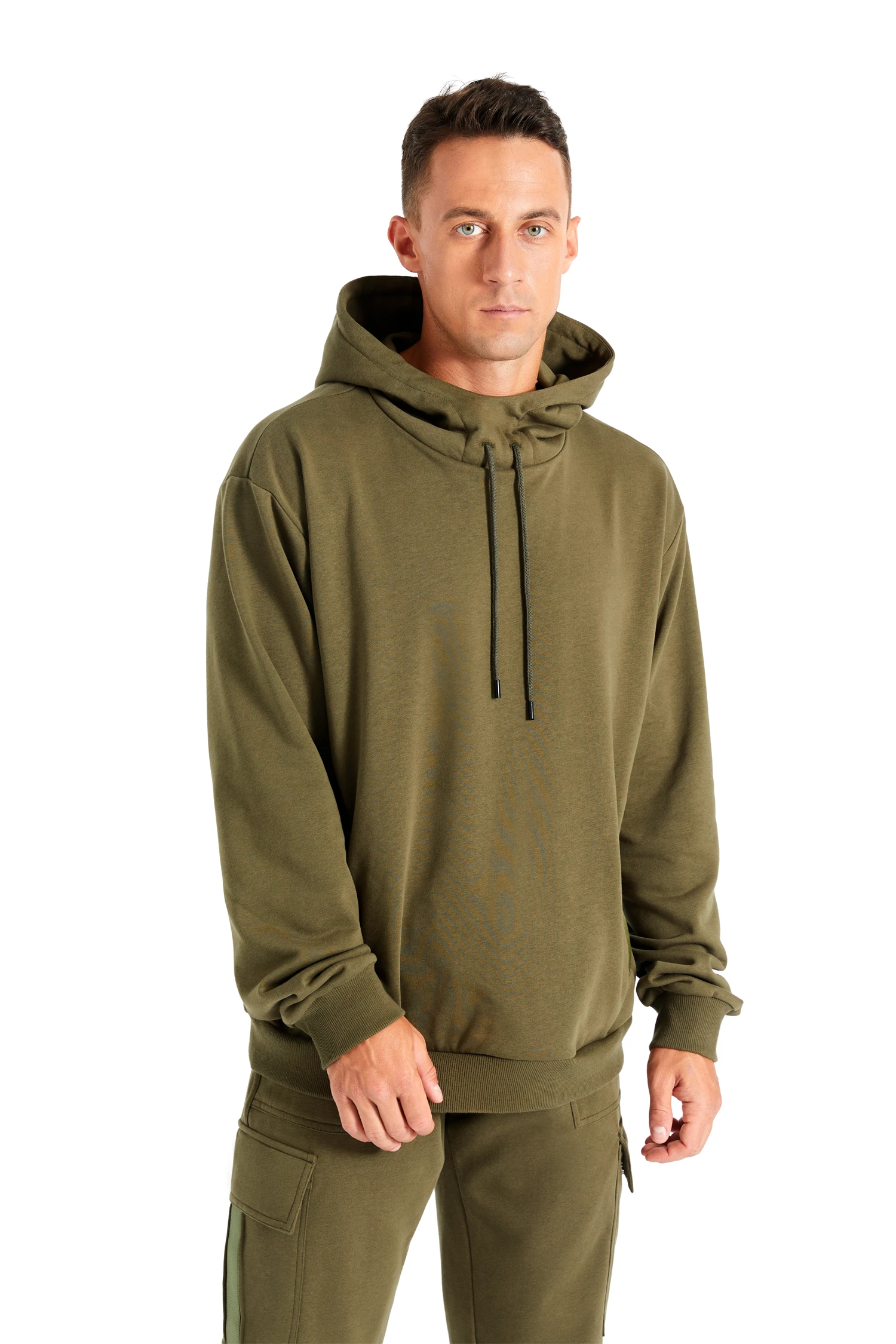 Custom Design 260GSM 100% Cotton Army Green Jumper Sports Style Long Sleeve Plus Size Men Hoodie